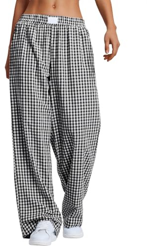 Rapbin Women's Plaid Lounge Pants Super Soft Ladies Cotton Trendy Pj Bottoms Casual Gingham Trousers with Pockets Black