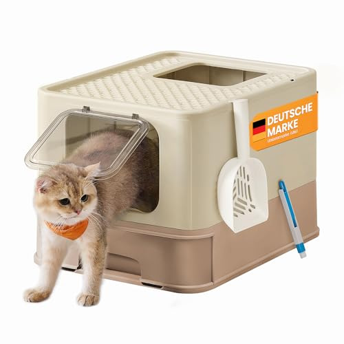 Feandrea Lettiera per Gatti Nascosta, Casetta per Lettiera, Vassoio Estraibile, Paletta, Spazzola, Ampio per Gatti Grandi, Portata 15 kg, Meno Tracce, Beige Sabbia e Marrone Cammello PPT001LJ02