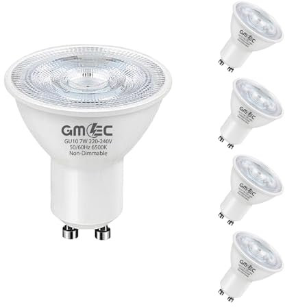 GMEC GU10 LED Bulbs 7W – Pack of 4 – 6500K Cool White Daylight, Non-Dimmable COB Spotlights, 550 Lumens Each, Energy Saving Halogen Replacements, 25,000 Hour Life