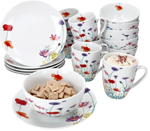 MamboCat Marie Service de petit-déjeuner 18 pièces Vaisselle en porcelaine décor prairie florale pour 6 personnes