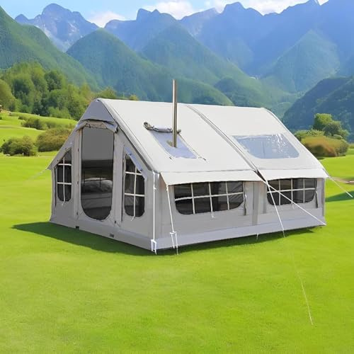 GEJLELDS 2-8 Personen Zelt Luftzelt Aufblasbare Camping Mit Ofenloch & Oberlicht, Großes Familienzelthauszelt Für Campingzelt, Familienzelt Big Air House Zelt,Grey2