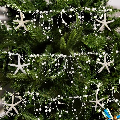 SKOOLOVE Perlen Seestern Girlande Weihnachtsdekoration 2M/80inch Perlengirlande mit 6pcs Natürlichen Seesternen für Weihnachtsbaumschmuck, Strand, Meerjungfrau, Party, Heimdekoration