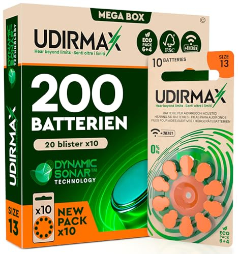 200 Batterien für Hörgeräte Größe 13 Udirmax PR48 Orange Zink-Luft mit Dynamic Sonar Technologie Öko-Pack - 20 umweltfreundliche Blisterpackungen mit 10 Hörgerätebatterien