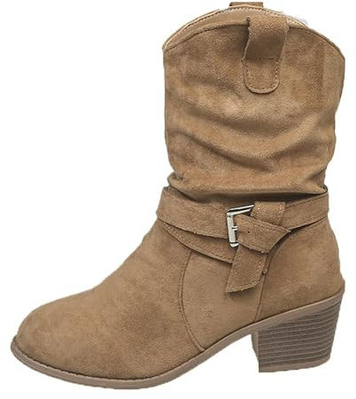 Botas Western para Mujer, Elegantes Tacón Grueso Botas de Ante, Botines de Invierno de Media Altura con Caña, Mujer Casual Cómodos Botines Camperas