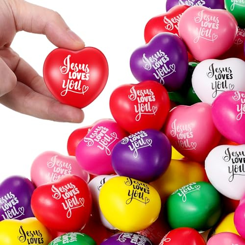 Zubebe 180 Pcs 'Jesus Loves You' Heart Stress Balls Bulk 1.57 Inch Heart Shaped for First Communion, Baptism, Religious Party Favors and Stress Relieve Fidget Balls Gift
