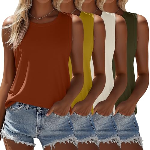 Ficerd 4 Pack Women's Sleeveless Tops, Casual Summer Loose Fit T Shirts Solid Color Tunic Tank Tops Ladies' Crew Neck(Army Green, Cream White, Earth Yellow, Dark Orange,Medium)