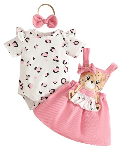 LUVCES Ensemble Jupes Nouveau-né Fille Manche Courte à Volants Haut + Joli Imprimé Floral/Ours Robe à Bretelles+Bandeau 3Pcs été Vêtements Imprimé léopard rose 0-3 Mois