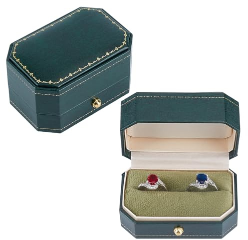 MAYJOYDIY Vintage Double Ring Box 75x50x43mm PU Leather Wedding Ring Holder Antique Style Engagement & Promise Rings Case Jewelry Gift Box for Proposal Ceremony Photography, Dark Green