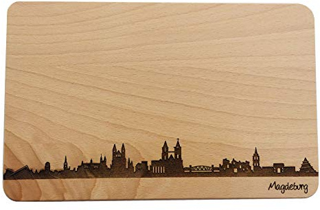 SNEG Brotzeitbrett Magdeburg Skyline | Frühstücksbrettchen aus Buche | Holz Schneidbrett | Geschenk mit Gravur | Frühstücksbrett | Sachsen-Anhalt (Brett L (26x16x1,5cm), ohne persönlicher Gravur)