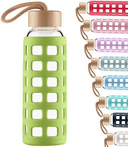 Cleesmil Sports Glass Water Bottle with Silicone Sleeve with Bamboo Lid BPA Free 360 ml （Grass green）