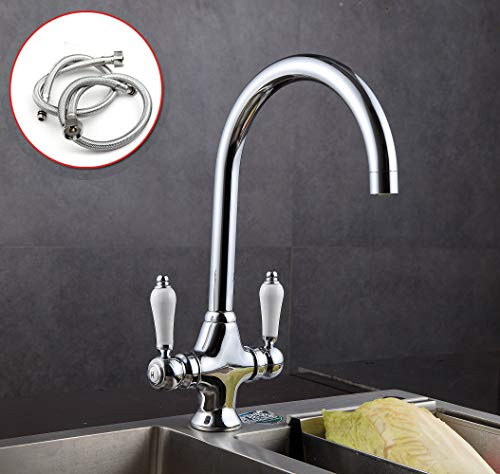Swivel Twin Lever Kitchen Sink Mixer Taps Chrome Monobloc Basin Tap, Traditional Basin Twin Lever Brass Chrome Cloakroom Taps