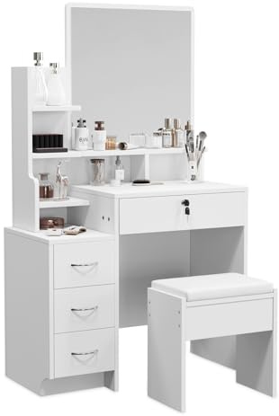 Dripex Schminktisch mit großem Spiegel, Hocker Frisiertisch Kosmetiktisch mit 4 Schubladen modern, weiß