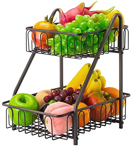 Lekind 2 Tier Fruit Rack With Banana Hanger, Kitchen Countertop Basket and Vegetables Storage Rack, Metal, Keeps Produce Fresh, Bronze