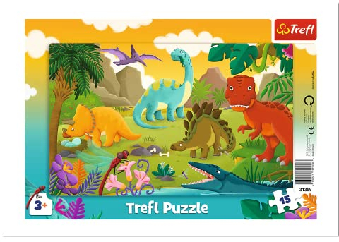 Trefl, Puzzle, Rahmenpuzzle mit Unterlage, 15 Teile, Dinosaurier, für Kinder ab 3 Jahren, 31359, Farbig