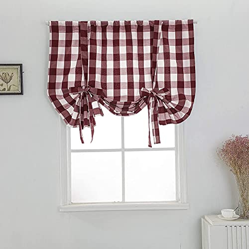 Ricemru Bändchenrollo Tunnelzug Blickdicht Kurz Rot Kariert Landhausstil Raffrollo Scheibengardine Bistrogardine Modern Küche Vorhang Rollo Fenster,60x120cm