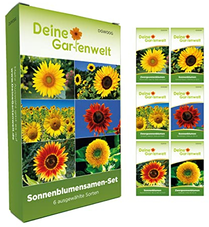 Sonnenblumensamen Set - 6 Sorten Samen - Saatgut Sortiment - Anzuchtset für Sonnenblumen - Geschenkset - Riesensonnenblumen, Zwergsonnenblumen, Teddybärsonnenblumen und mehr