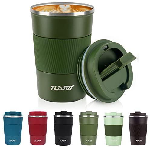 Tlater Thermal Mug, 380 ml Thermal Coffee Mug with Leak-Proof Lids – Thermal Travel Mug – Stainless Steel Double Walled Vacuum Coffee Cups for Hot and Cold Drinks, Coffee and Tea
