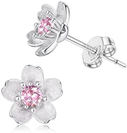 KRFY Ohrstecker S925 Sterling Silber Für Damen Mädchen Kinder Kirschblüten Blume Weiß Rosa CZ Knorpel Hypoallergen OhrringeSilber 925 Für Damen Mädchen Kinder