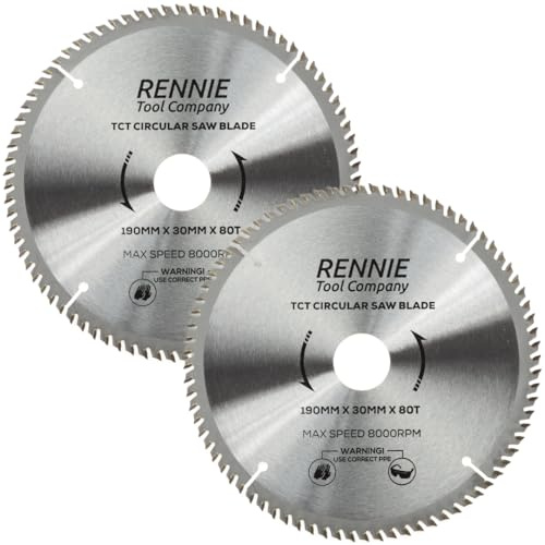 Rennie Tool 190mm x 30mm Bore x 80T TCT Circular Saw Blades (2 Pack) | Fits Bosch Makita Dewalt Circular Saw Etc. Includes 25mm 20mm & 16mm Bore Reduction Rings. 190mm Wood Saw Blades
