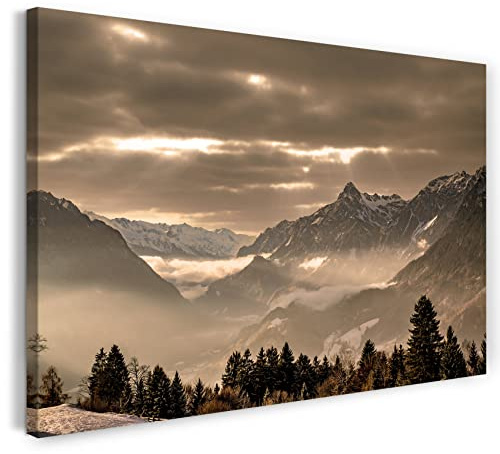 Printistico Leinwandbild (60x40cm) Berg Landschaft, Alpen Schnee Wald Natur, warme Farbe, Natur-Fotos, echter Holz-Keilrahmen inkl. Aufhänger, handgefertigt in Deutschland