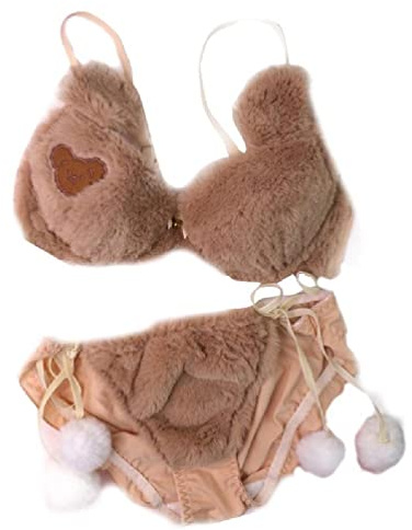 Myazs Dam 2 st bh trosa set söt björn fluffig plysch rosett underkläder anime underkläder kostymer för kvinnor