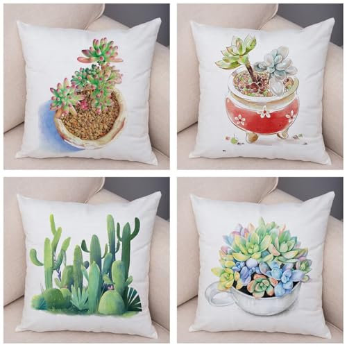 Juego de 4 Cactus Suculentas Fundas de Cojines,Moderno Cuadradas Cojines 55x55cm,Fundas de cojín Terciopelo Decorativas Suaves y Transpirables para Patio Jardín Sala de Estar Sofá Mueble Exteriores