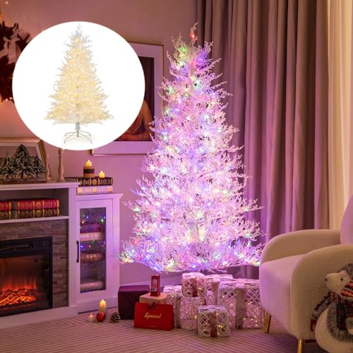 COSTWAY 180 cm Weihnachtsbaum Künstlich mit Beleuchtung, Tannenbaum mit Schnee, 11 Lichtmodi, 2 Lichtfarben, beleuchteter Christbaum mit 300 LEDs & Metallständer, für Zuhause Büro Geschäfte, Weiß