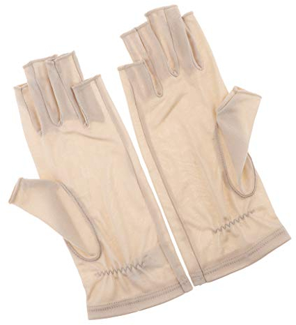 Paowsietiviity Halbfinger-Handschuhe aus Maulbeerseide, dehnbar, UV-Schutz, fingerlos, Schwarz, beige, One size