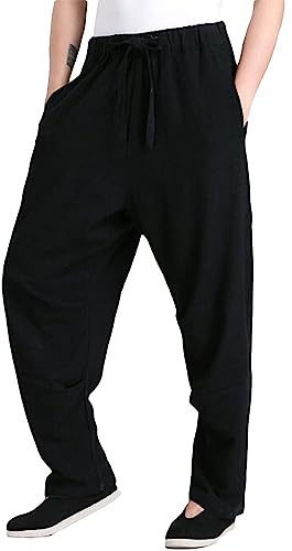 G-LIKE Pantalon d'entraînement Kung Fu en lin - Pantalon traditionnel chinois d'arts martiaux Taichi Wushu décontracté Harem pour hommes et femmes, Noir , M