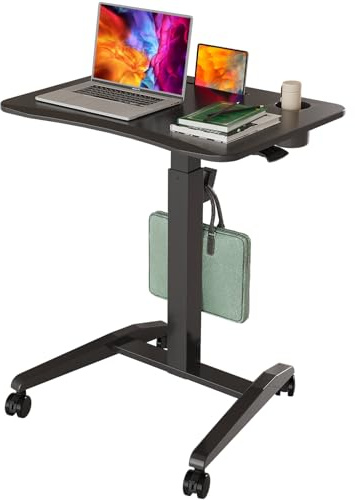 Gibbon Mounts Höhenverstellbar Schreibtisch, 70x52cm Laptoptisch mit Rollen | Mobiler schwarzer Computertisch mit geschwungener Tischplatte, Becherhalter, Schlitz und Haken, 4 feststellbare Lenkrollen