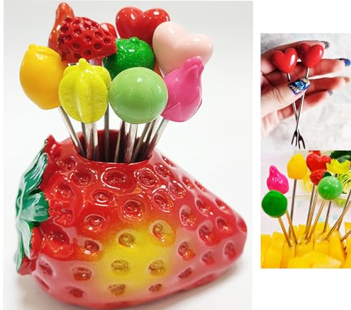 Fourchettes à fruits fourchettes à salade en acier inoxydable pour enfants - Utilisation répétée de fourchettes à fruits pour décorer - 10 fourchettes à fruits différentes et 1 support à fraises