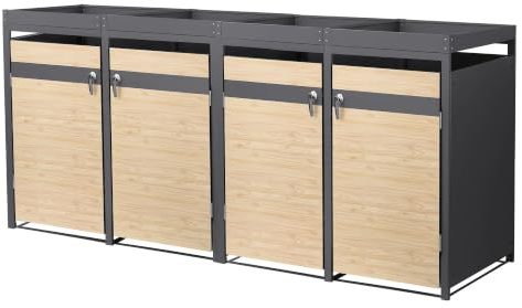 ML-Design Mülltonnenbox 4er 240L mit Pflanzdach, Mülltonnenverkleidung für 4 Mülltonnen, Müllbox wetterfest Mülltonnenhaus aus Stahl, Müllcontainer, abschließbare Tür 264x80x124 cm Anthrazit-Holzoptik