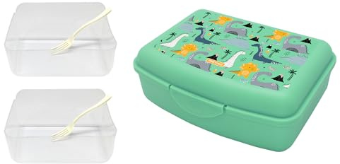 NERTHUS FIH 1293 Fiambrera Infantil Dinosaurios Caja de Almuerzo Ligera y Fácil de Limpiar con 2 Divisores y Tenedor