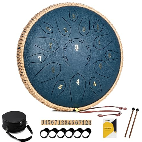 MeloBeat Zungentrommel 12 Zoll 15 Töne - Professionelles Steel Tongue Drum Handpan Set in D Dur inkl. Zungentrommel Liederbuch, Schlagzeug Sticks und Trommel Tragetasche (Dunkelblau)