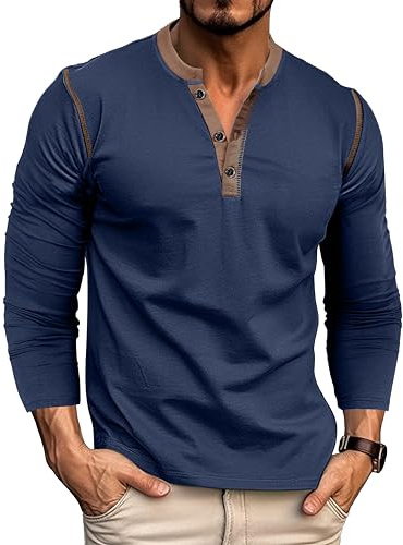MakingDa Henley-skjortor för män knapp långärmad vintage muskel gym solid golf farfar skjorta avslappnad klassisk mjuk andningsbar lätt normal passform arbetskläder smarta toppar, marinblå, XXL