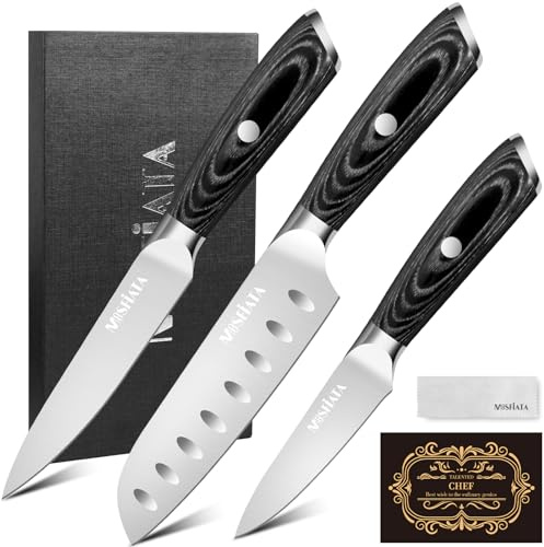 MOSFiATA Messerset 3-tlg, Profi Küchenmesser aus Deutscher Edelstahl mit ergonomischem Griff, 13 cm Allzweckmesser, 13 cm Santoku Messer, 9 cm Schälmesser
