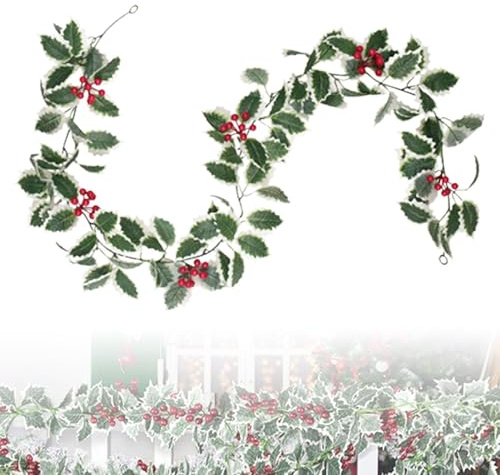 1 Stück Weihnachts Beeren Girlande Künstliche Grüne Stechpalme Blätter Girlande Weihnachtsgirlande für Innen- und Außenbereich,hängende Schnur,Gartendekoration für Neujahr,Kamin,Tischdekoration