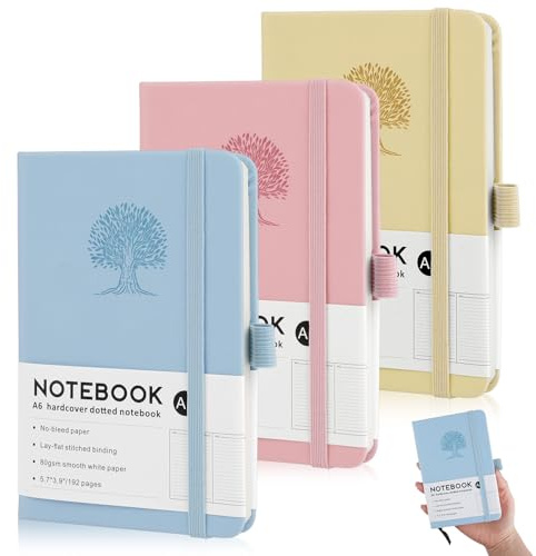 Notizbuch A6, 3 Stück Notizbücher Set, PU Leder Klein Notizblock Liniert | 192 Seiten, 80 g/m², Notizbüch, Journal Buch, Reisetagebuch, Prägebaum Design (Hellgrün, Hellblau, Helllila)