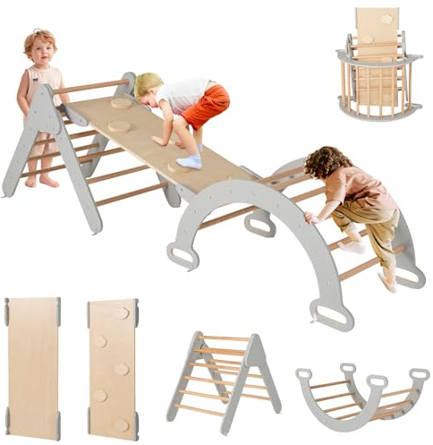 DREAMADE Triangle Escalade Bebe Montessori pour 1+ Ans, Échelle d’Escalade en Bois avec Triangle/Arche/Rampe, Convient pour Enfant à Maternelle, Maison (Gris+Naturel)