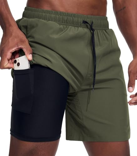 Danfiki Löparshorts för män 2-i-1 korta sportbyxor snabbtorkande shorts som andas utomhus jogging, Grön, XL