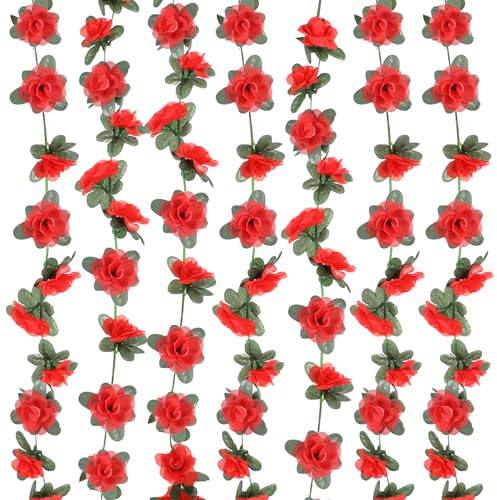 Artificial Flowers Garlands 5 Meters Fake Flower Garland Artificial Flowers Hanging Decoration, 2 Strands Floral Vine Plant Garland Hanging Rose for Wedding Wall Party Garden Bedroom Table(Orange)