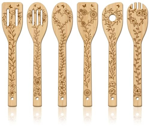GLOBLELAND 6 Stück Blätter Blumen Bambus Kochutensilien Lilien Gänseblümchen Holzgravur Kochlöffel Set Gravur Schnitzerei Küche Bambus Spatel Set Für Küche Housewarming Geschenk Mutter Freundin Frauen