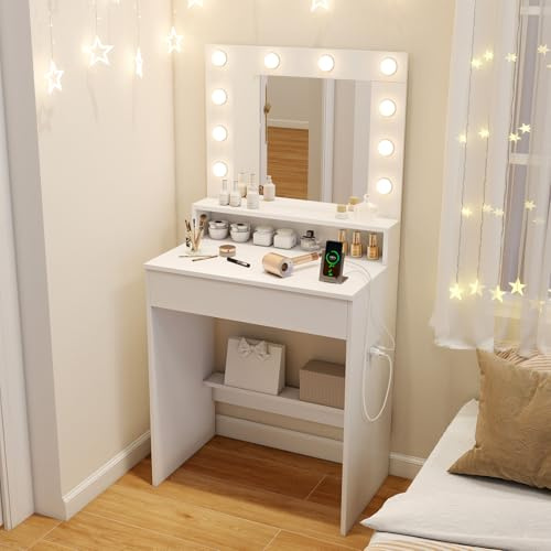 Multigot Dressing Table with Hollywood LED Lights Mirror, White