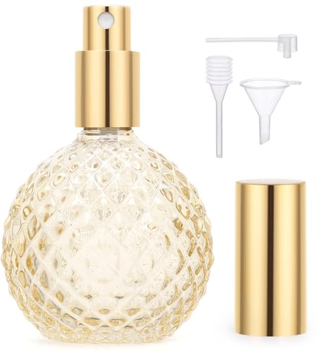 Segbeauty Atomizador Perfume Recargable, 100ml Bote Colonia Recargable, Dispensador Perfume Viaje de Vidrio, con Cabezale de Bomba, Embudo y Gotero (Amarillo)