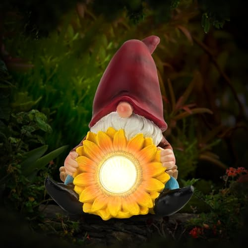 Gartenzwerg Lustig mit Solarlampen, Gartendeko Witchel Gartenfiguren für Draußen Wetterfest Gartenzwerge für Außen, Harz Gartenwichtel Gartenstatuen mit LED Solarleuchte für Hof, Balkon, Rasen (A)