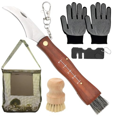 UICCVOKK Pilzmesser, mit Bürste und Lineal, Großvolumige Pilztaschemit,Hochwertigen PinselEdelstahl Pilzmesser für Pilzsammler Outdoor Aktivitäten,Wetzstein für Unterhalt,mit Handschuhe