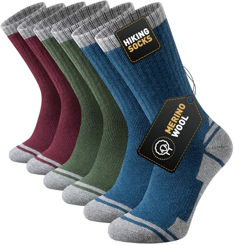 Stoeury Merino Vandringsstrumpor för Herr och Dam, Tjocka Termosockor, Vintersockor, Varma Merinoullsockor för Utomhusbruk, Anti Blåsor, Vadderade Vandringssockor, Andningsbara Sportsockor, 3 Par