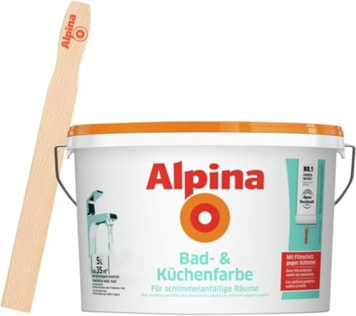Alpina Bad- und Küchenfarbe in weiß matt inkl. Rührholz – Anti-Schimmel Wandfarbe für Feuchträume – ergiebig, gut deckend & reinigungsfähig – 5 Liter