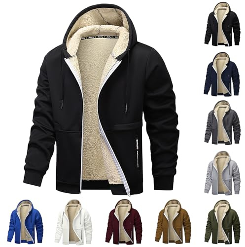 XCXC Herren Fleecejacke mit Kapuze und Reißverschluss Männer Einfarbige Gefütterte Winterjacke Kapuzenjacke mit Kordelzug Taschen Sweatjacke Freizeitjacke für Alltag
