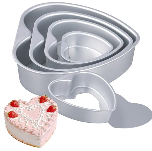 HAKZEON 4 Pieces Heart Shaped Cake Tin Set, Aluminum Baking Pan with Removable Bottom for Home Baking, Wedding, Birthday Celebrations,4/6/8/10 Inch